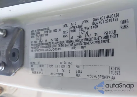 2016 Ford Escape Se from USA, damaged, VIN 1FMCU0GXXGUC06199